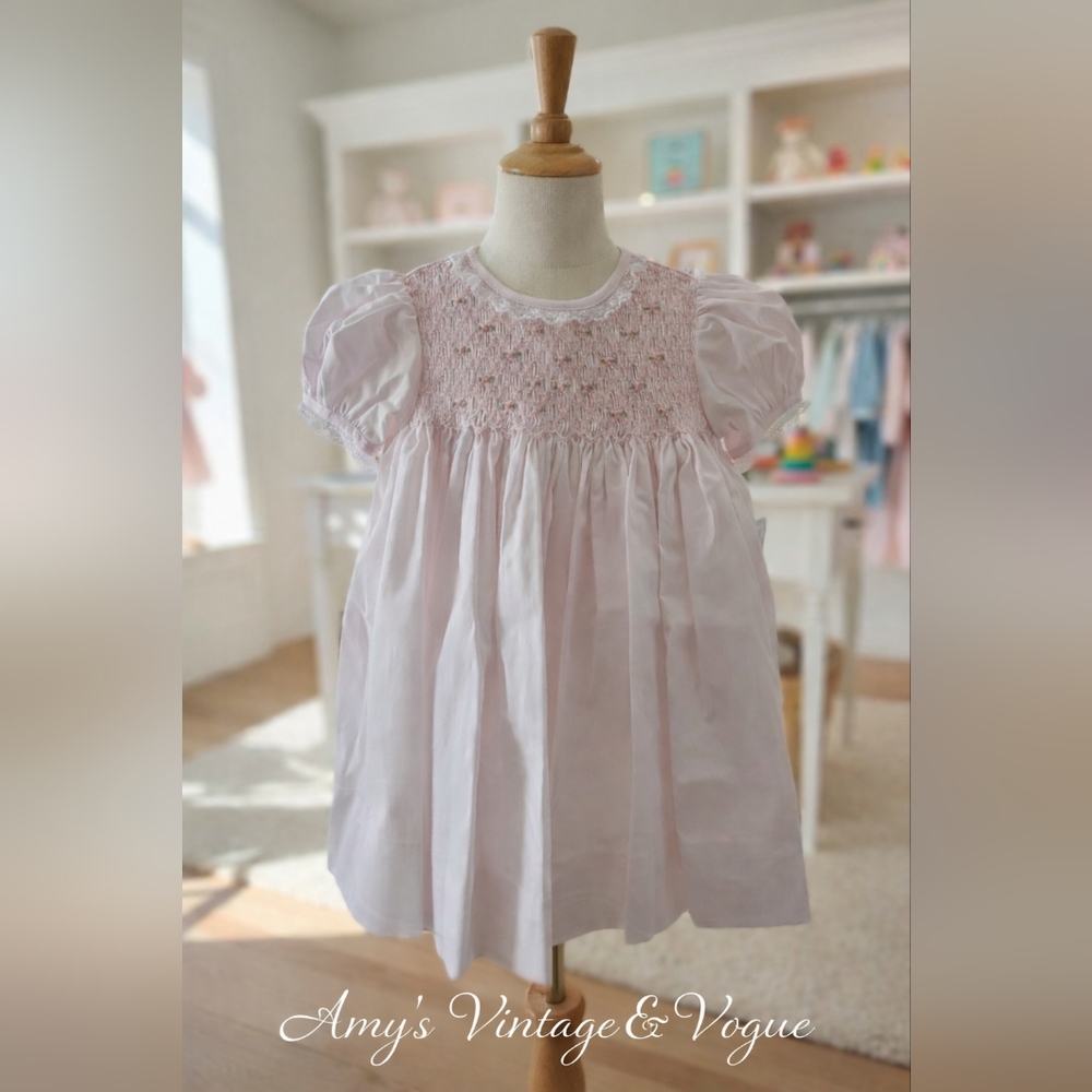 Petit Ami Heirloom Pink Fully Smocked Dress w/ French Lace